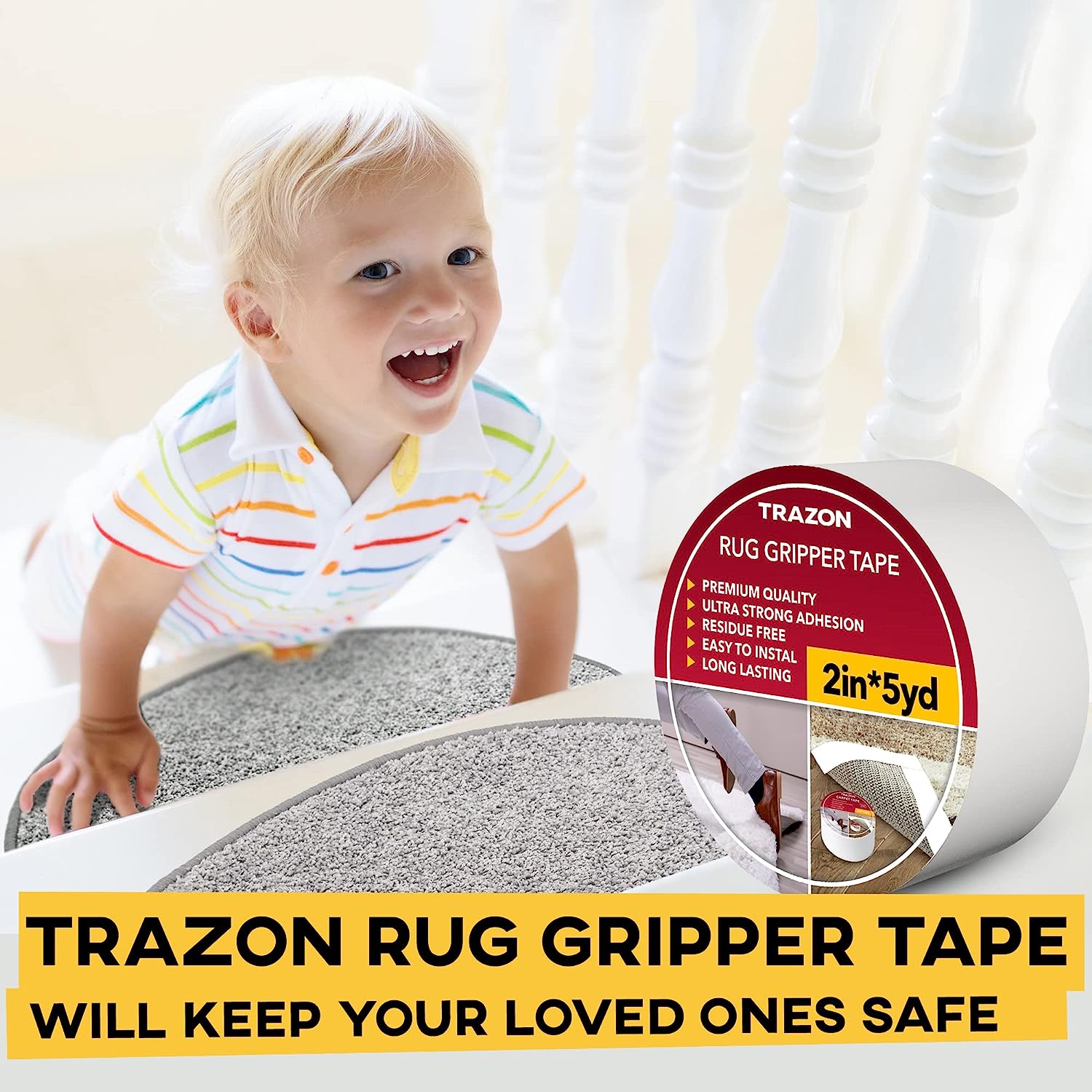 Trazon Carpet Tape Double Sided - Rug Tape Grippers for Hardwood Floors and Area Rugs - Carpet Binding Tape Strong Adhesive and Removable, Heavy Duty Stickers Tape, Residue Free (2 Inch / 5 Yards) - Image 7